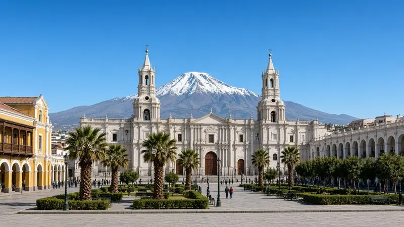 Arequipa Cathedral on the Plaza de Armas with El Misti volcano behind