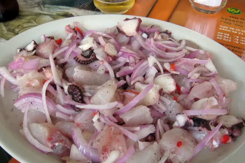 Plate of sole ceviche with red onion in Lima
