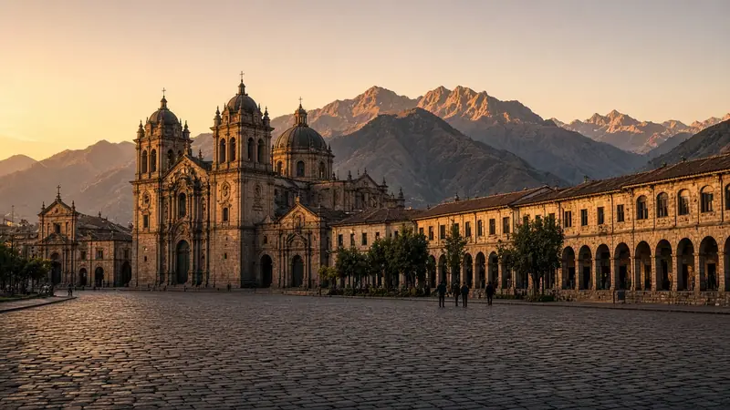 Cusco Plaza de Armas at golden hour with colonial churches
