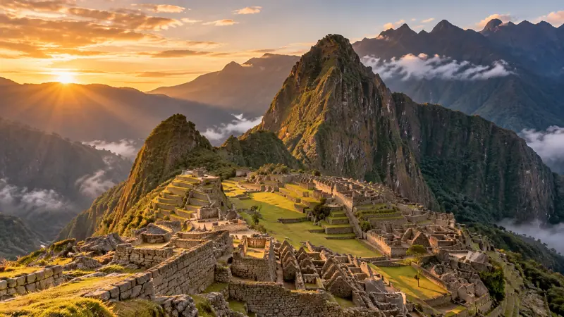 Machu Picchu at sunrise with Huayna Picchu mountain behind