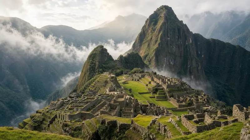 Classic view of Machu Picchu with clouds over the mountains