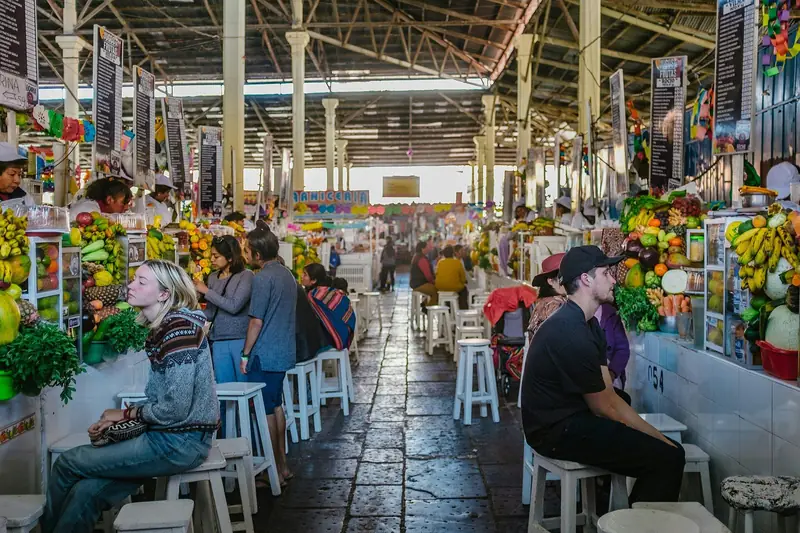 Food and fruit stalls inside San Pedro Market, Cusco