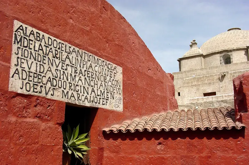 Red walls and dome inside Santa Catalina Monastery, Arequipa