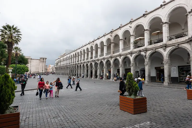 White sillar-stone arcades on Arequipa’s Plaza de Armas