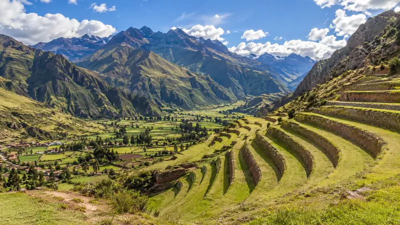 Inca terraces in the Sacred Valley surrounded by mountains