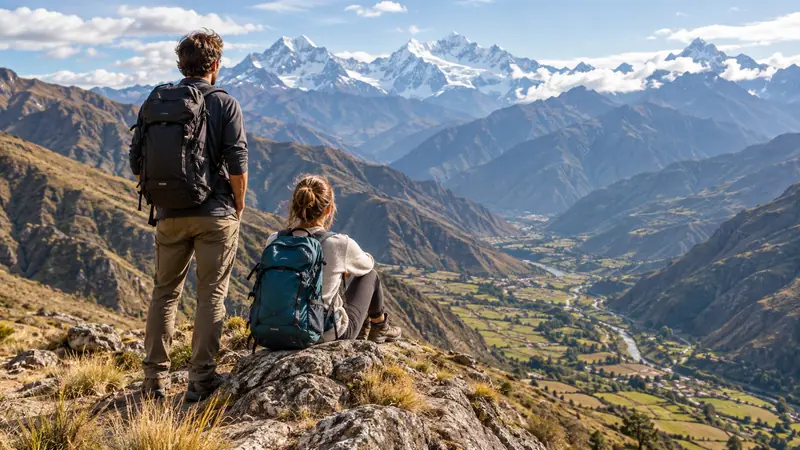 Two backpackers looking out over the Peruvian Andes